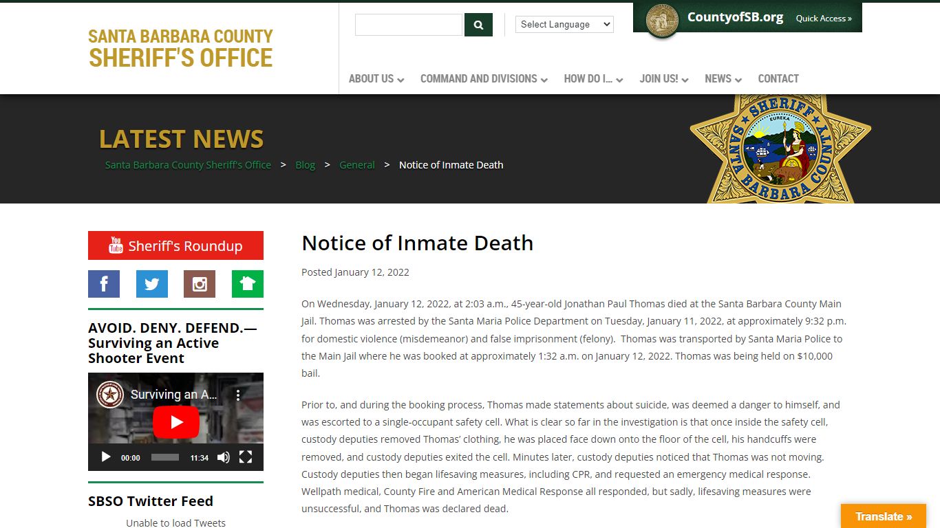Notice of Inmate Death – Santa Barbara County Sheriff's Office